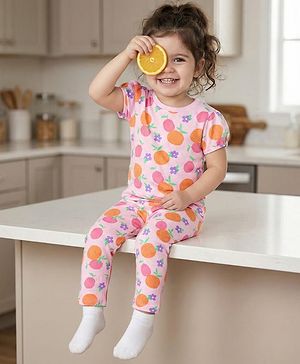 Babyhug Cotton Knit Half Sleeves Co-ords Night Suit With Floral Print - Pink