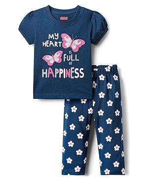 Babyhug Cotton Knit Half Sleeves Night Suit With Floral & Butterfly Print - Navy Blue