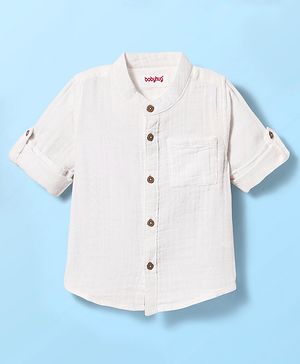 Babyhug 100% Cotton Full Sleeves Solid Coloured Mandarin Collar Shirt - White