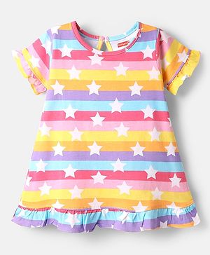 Babyhug Cotton Knit Half Sleeves Striped Nighty With Star Print - Multicolor
