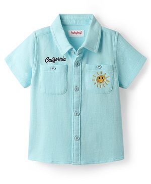 Babyhug Cotton Woven Half Sleeve Solid Color Shirt with Embroidery - Light Blue