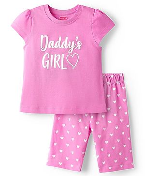 Babyhug Cotton Knit Cap Sleeves Capri Night Suit With Heart Print - Pink