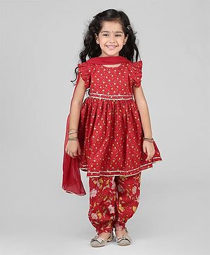 Babyhug Woven Frill Sleeves Rayon Printed Kurti Churidar & Dupatta Set - Red