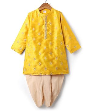 Babyhug Woven Manderin Collar Full Sleeves Kurta Dhoti Set With Floral Embroidered - Yellow