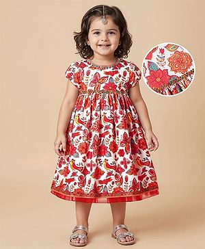 Babyhug Cotton Woven Half Sleeves Ethnic Dress With Floral Print - White