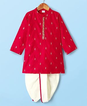 Babyhug Woven Full Sleeves Kurta Dhoti Set With Floral Embroidery - Red
