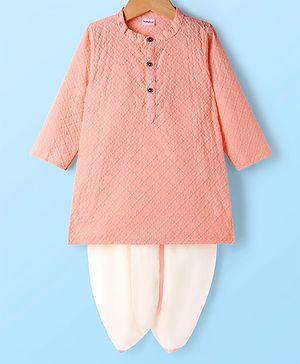 Babyhug Cotton Woven Full Sleeves Embroidered Kurta Dhoti Set - Peach & White