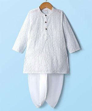 Babyhug Cotton Woven Full Sleeves Solid Colour Kurta Dhoti Set With Textured Design - White