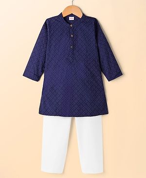Babyhug Cotton Woven Full Sleeves Kurta Pajama Set with Embroidery - Navy Blue