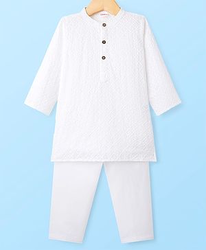 Babyhug Cotton Woven Full Sleeves Kurta Pajama Set with Embroidery - White