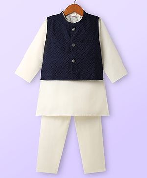 Babyhug Cotton Woven Full Sleeves Kurta Pajama Set With Embroidered Jacket - White