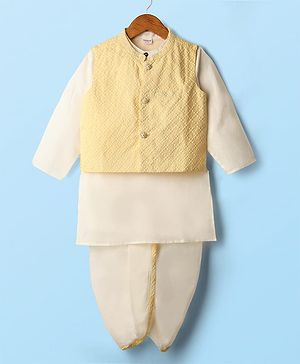 Babyhug Cambric Full Sleeves Solid Kurta Dhoti Set with Embroidered Jacket - Offwhite