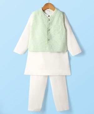 Babyhug Cotton Woven Full Sleeves Kurta Pajama Set With Embroidered Jacket - White