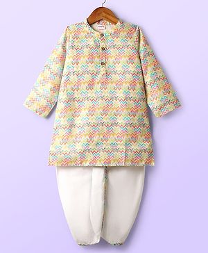 Babyhug Cotton Woven Full Sleeves Kurta Dhoti Set With Cambric Print - Multicolour