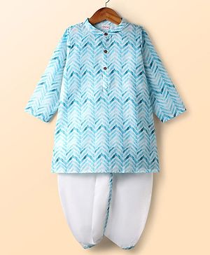 Babyhug Cotton Woven Full Sleeves Kurta Dhoti Set With Cambric Print - Light Blue