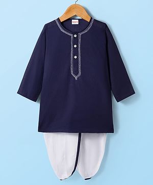 Babyhug Cambric Full Sleeves Solid Color Kurta Dhoti Set - Navy Blue