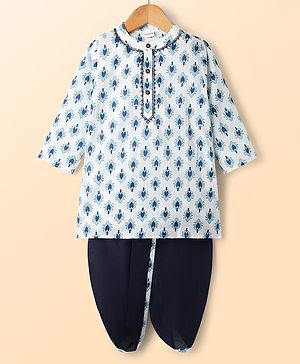 Babyhug Cotton Woven Full Sleeves Kurta Dhoti Set With Floral Print - White & Navy Blue