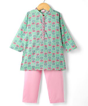 Babyhug Cambric Woven Full Sleeves Kurta Pyjama Set with Floral Print - Light Green & Pink