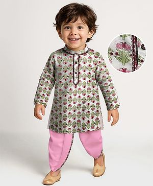 Babyhug Cotton Woven Full Sleeves Kurta Dhoti Set With Floral Print - White
