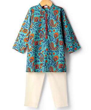 Babyhug Cotton Woven Full Sleeves Kurta Pajama Set With Floral Print - Turquoise