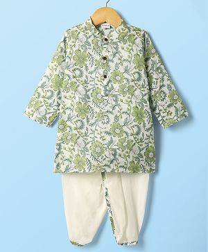 Babyhug Cambric Woven Full Sleeves Kurta Dhoti Set with Floral Print - Light Green & White