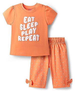 Babyhug Cotton Knit Half Sleeves Capri Night Suit With Polka Dot Print & Bow Applique - Orange