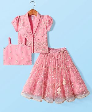 Babyhug Woven Half Sleeves Lehenga Choli & Jacket Set With Floral Embriodery - Pink