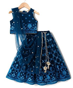 Babyhug Net Woven Sleeveless Lehenga Choli Set With Sequin Detailing & Dupatta - Teal Blue