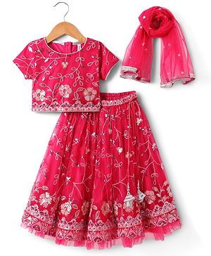 Babyhug Woven Half Sleeves Choli Lehenga Set with Dupatta With Sequin Floral Design & Lace Detailing - Dark Pink