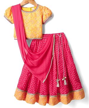 Babyhug Woven Half Sleeves Bandhani Printed Lehenga Choli Set With Embroidery Detailing & Dupatta - Fuchsia