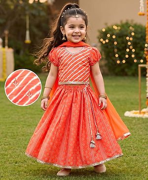 Babyhug Woven Half Sleeves Bandhani Printed Lehenga Choli Set With Embroidery Detailing & Dupatta - Orange