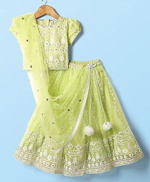 Babyhug Woven Half Sleeve Choli Lehenga And Dupatta Set with Net Sequenced & Floral Embroidery - Light Green