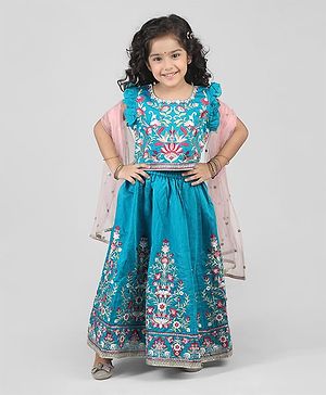 Babyhug Woven Frill Sleeves Kalli Style Embriodered Lehenga Choli & Dupatta Set - Teal Blue