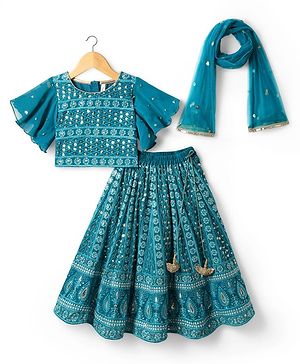 Babyhug Woven Half Sleeves Floral Embroidered Choli Lehenga & Dupatta Set - Teal Blue