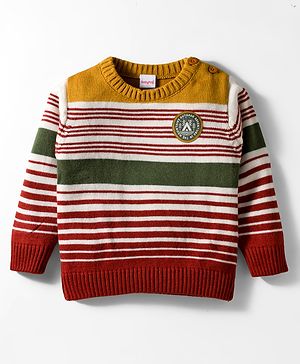 Babyhug Knitted Full Sleeves Striped Pullover Sweater With Patch Detailing - Multicolor