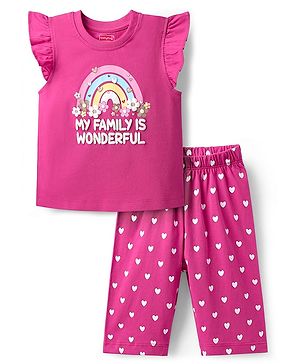 Babyhug Cotton Knit Frill Sleeves Capri Night Suit With Text & Heart Print - Pink