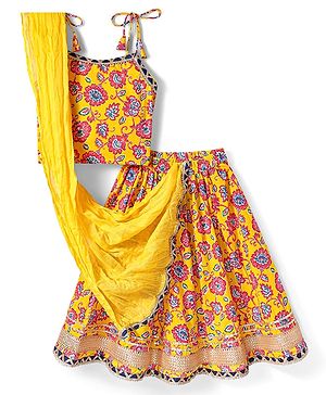 Babyhug 100% Cotton Woven Sleeveless Floral Print Lehenga Choli and Dupatta Set - Yellow