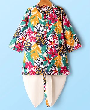 Babyhug Cotton Woven Full Sleeves Kurta Dhoti Set with Tropical Cabric Print - Multicolor