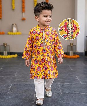 Babyhug Cotton Woven Mandarin Collar Full Sleeves Kurta Pajama Set With Floral Print - Yellow