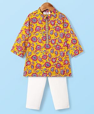 Babyhug Cotton Woven Mandarin Collar Full Sleeves Kurta Pajama Set With Floral Print - Yellow