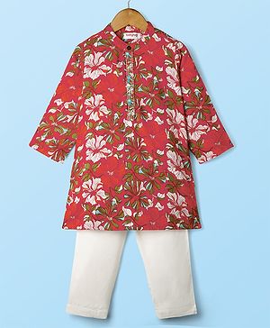 Babyhug Cotton Woven Full Sleeves Floral Cambric Printed Kurta Pajama Set - Orange & White