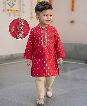 Babyhug Woven Mandarin Collar Full Sleeves Kurta Pyjama Set With Foil Print - Red