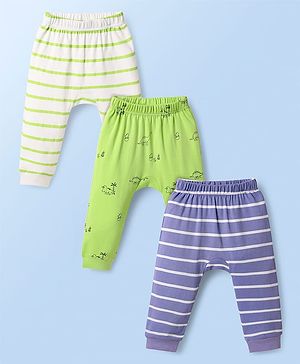 Kookie Kids Interlock Knit Full Length Striped & Dino Printed Diaper Leggings Pack of 3 - White Green & Purple