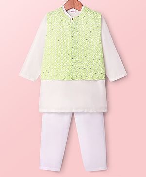 Babyhug Full Sleeves Kurta Pajama Set with Embroidered Jacket - Light Green & White