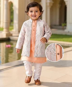 Babyhug Full Sleeves Kurta Pyjama Set With Embroidered Long Jacket -  Peach
