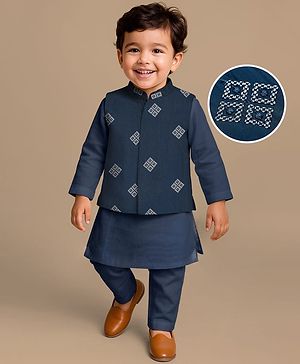 Babyhug Full Sleeves Kurta Pajama Set with Embroidered Jacket - Navy Blue