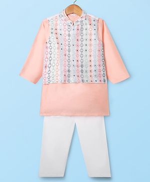 Babyhug Full Sleeves Kurta Pyjama Set With Embroidered Jacket -  Peach