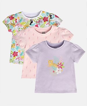 MINI KLUB Cotton Pack Of 3 Half Puffed Sleeves Floral & Baby Cheetah Printed Tops - Purple Pink & White