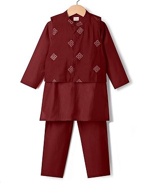 Babyhug Woven Full Sleeves Solid Coloured Kurta Pyjama Set With Embroidered Jacket - Maroon