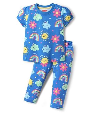 Babyhug Cotton Knit Half Sleeves Co-ords Night Suit With Floral Print - Blue